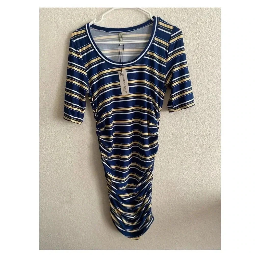 🆕 Mother Bee Maternity Navy Stripe Ruched Dress L🆕 - Picture 5 of 11